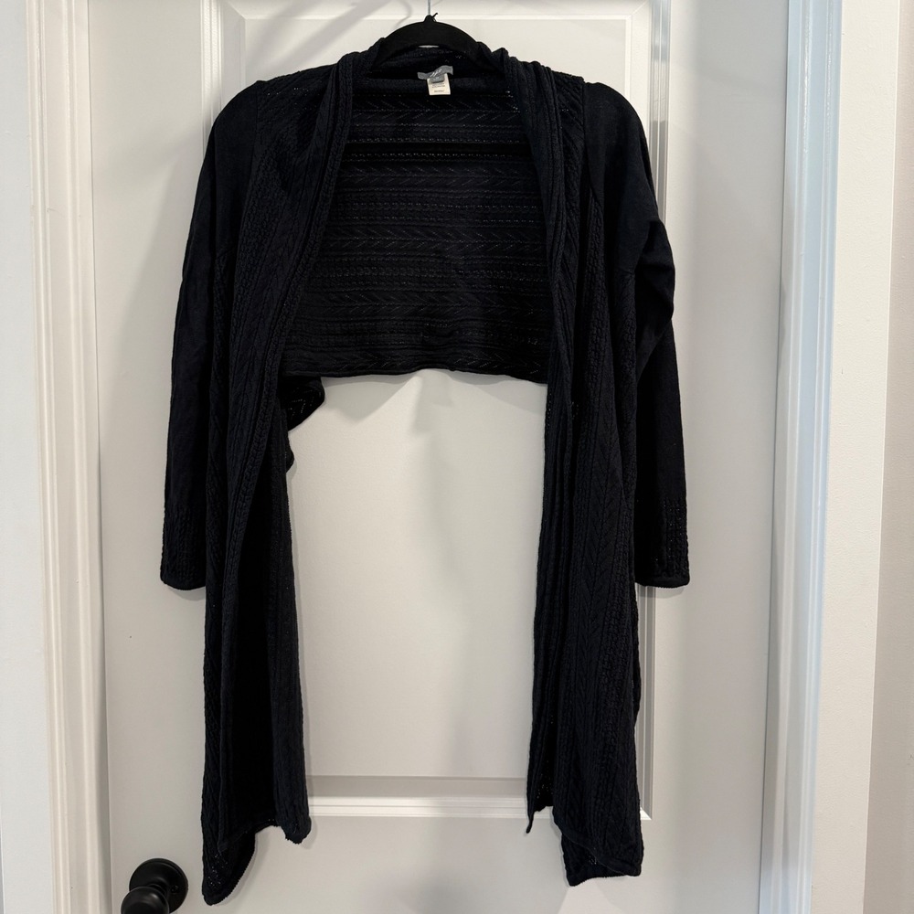J. Jill Womens Black Linen Blend Pointelle Cable Knit Open Front Cardigan Size M